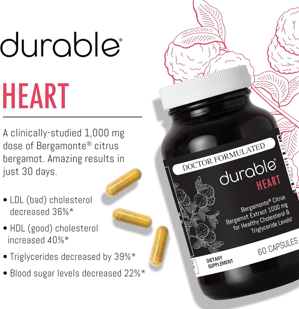 Durable Heart 1,000 Mg Extra-Strength Bergamonte Citrus Bergamot & Olive Leaf Extract + Non-Gmo Vitamin C - Natural Heart Supplements, Healthy Cholesterol Support - Made In Usa (1 Bottle)