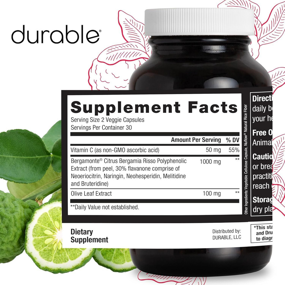 Durable Heart 1,000 Mg Extra-Strength Bergamonte Citrus Bergamot & Olive Leaf Extract + Non-Gmo Vitamin C - Natural Heart Supplements, Healthy Cholesterol Support - Made In Usa (1 Bottle)
