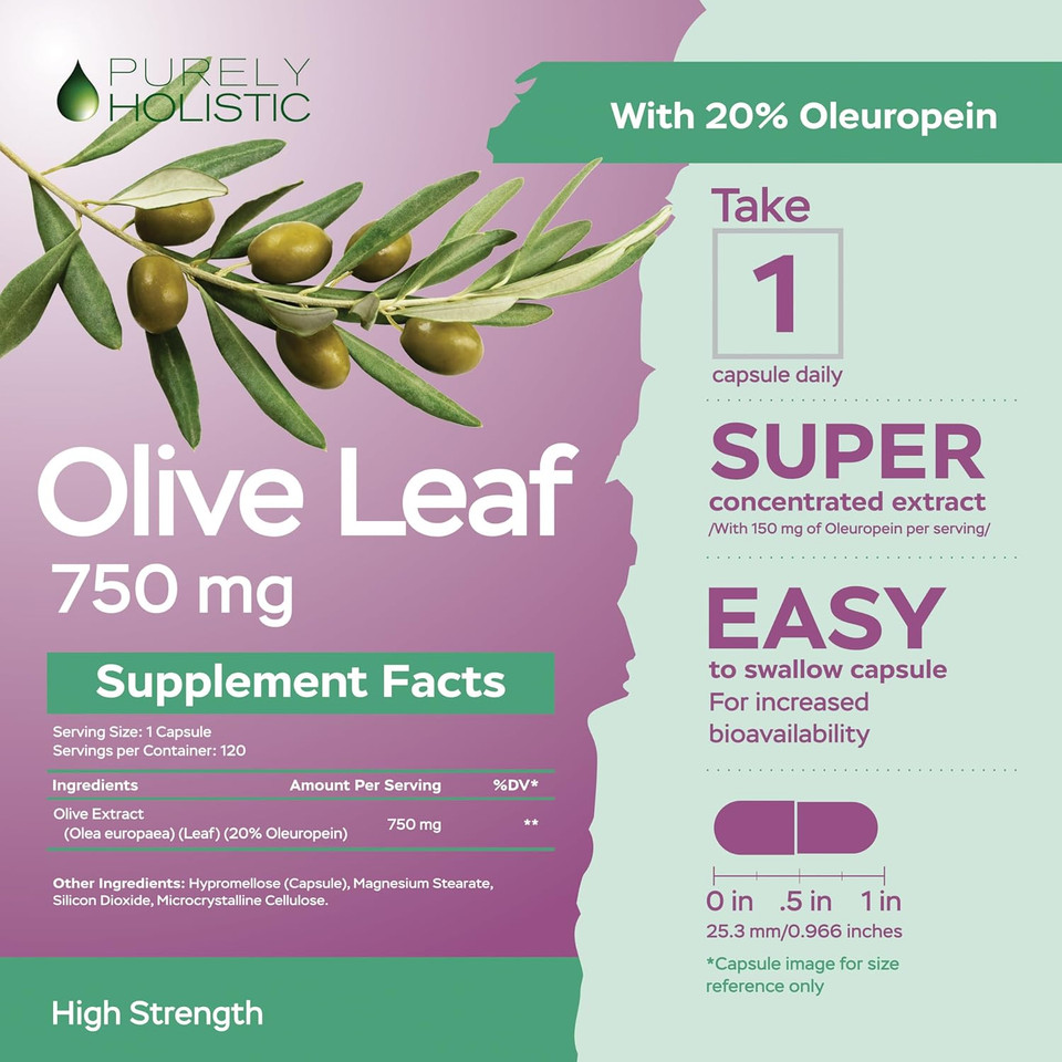 Purely Holistic Olive Leaf Extract 750Mg Non-Gmo Maximum Strength - 120 Vegan Capsules - 20% Oleuropein - 4 Month Supply - Support Supplement Purely Holistic Olive Leaf Extract 750Mg Non-Gmo Maximum Strength - 120 Vegan Capsules - 20% Oleuropein - 4 Month Supply - Support Supplement