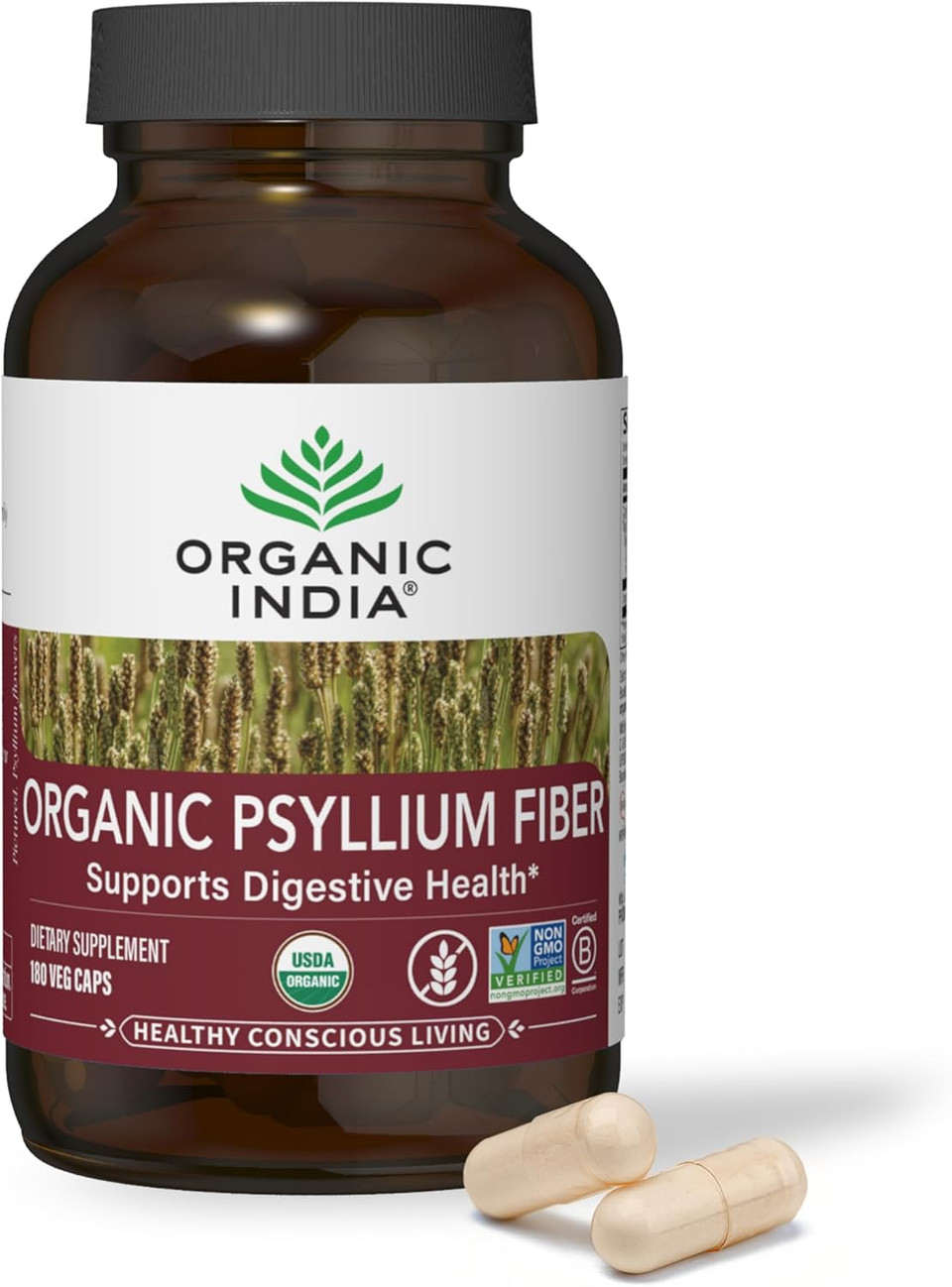 Organic India Psyllium Husk Capsules - Fiber Supplement, Healthy Elimination - Vegan, Keto Friendly, Gluten-Free, Usda Certified Organic, Non-Gmo, Soluble & Insoluble Fiber Source - 180 Count