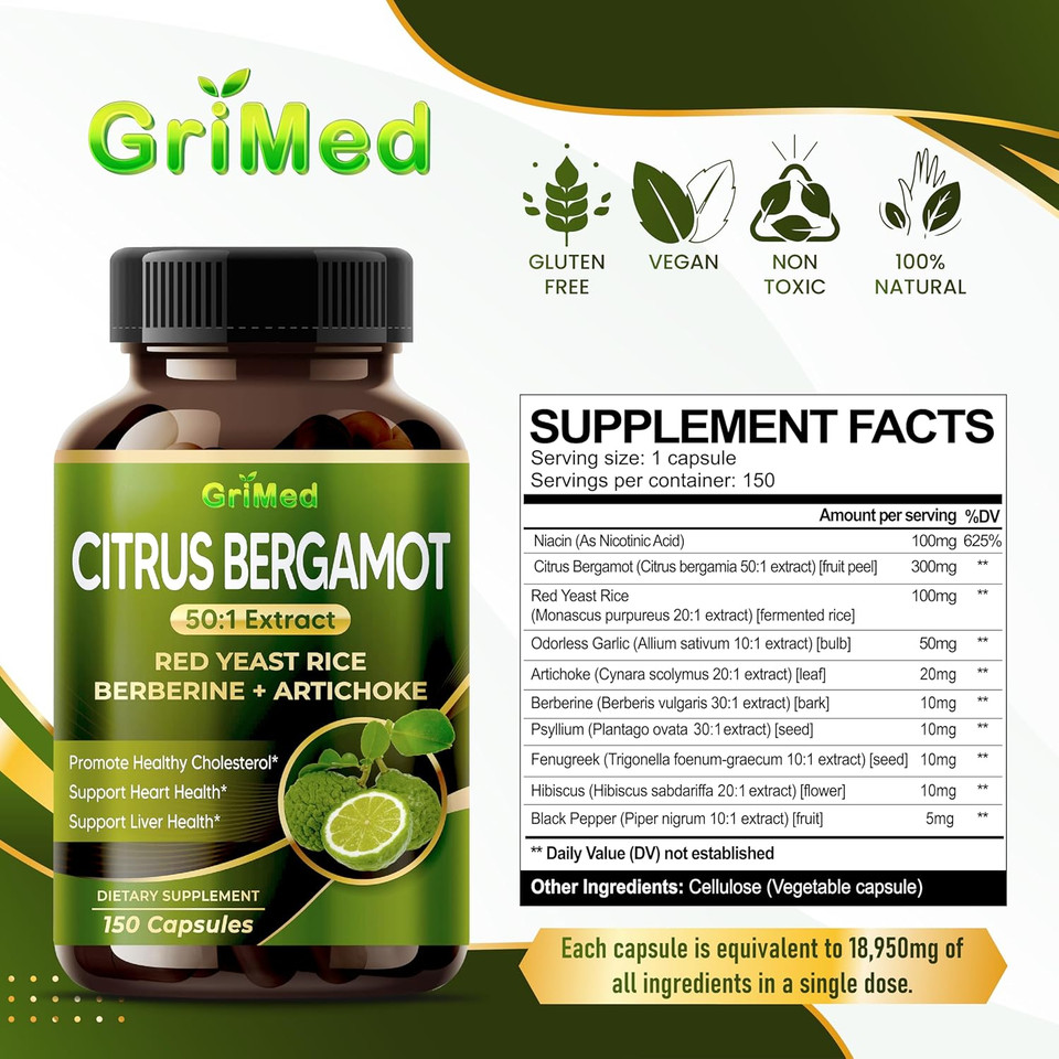 Citrus Bergamot 50:1 Extract 20,400Mg With Red Yeast Rice, Garlic, Artichoke For Healthy Cholesterol, Heart Health - Made In The Usa (150 Count (Pack Of 1))