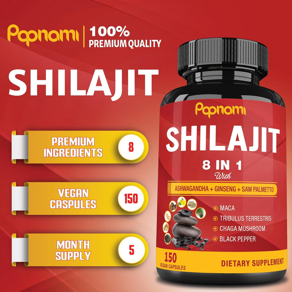 Shilajit Himalayan Supplement For Men & Women - 150 Capsules Combined Ashwagandha, Ginseng, Saw Palmetto, Maca, Tribulus, Chaga & Black Pepper - Vitality Energy And Immune Supports