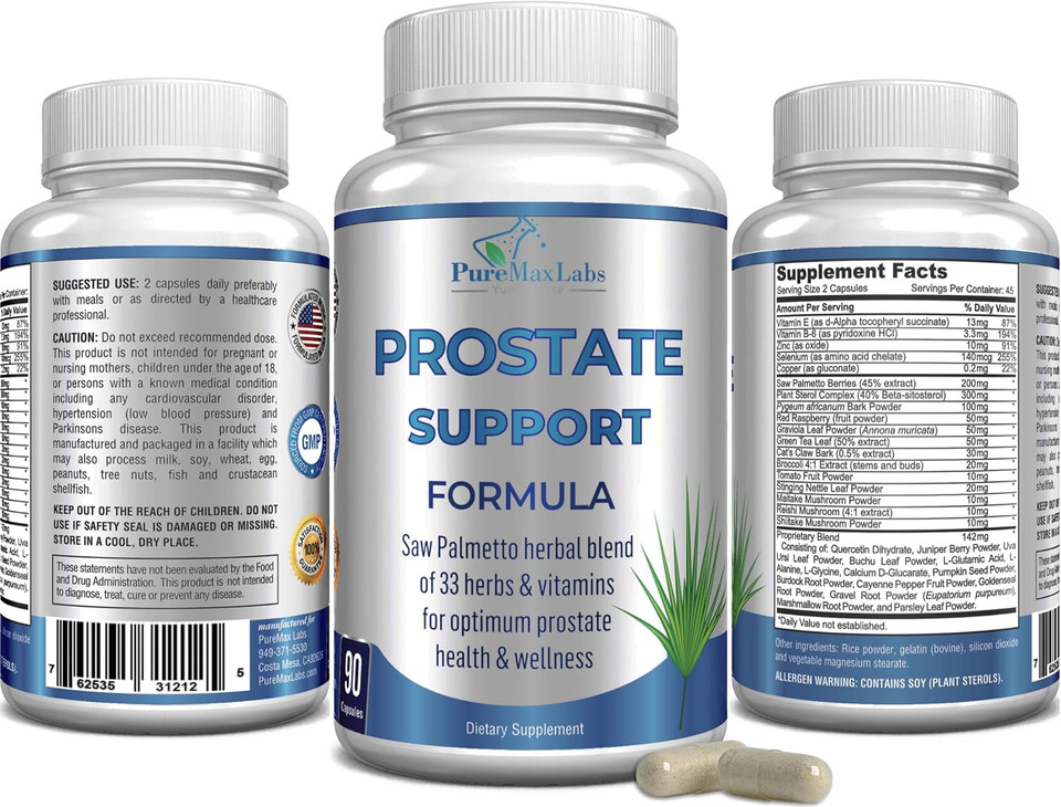 Prostate Support Formula For Men - Saw Palmetto, Plant Sterol, 33 Herbs, Bladder Control Pills To Reduce Frequent Urination & Dht Blocker To Prevent Hair Loss | Prostate Supplement | 90 Capsules