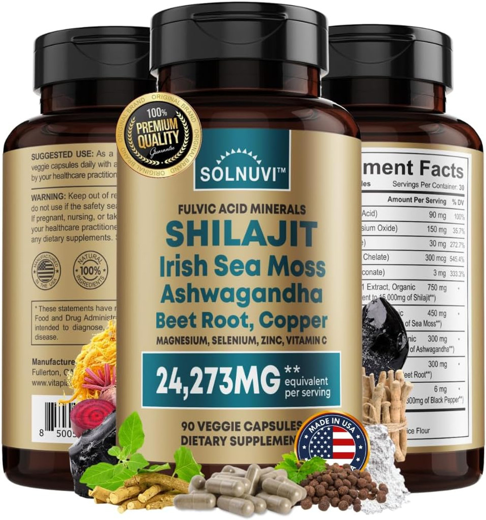 Shilajit Pure Himalayan Organic Capsules 15000Mg With Irish Sea Moss, Ashwagandha, Copper, Beet Root - Fulvic Acid Trace Minerals Supplement For Men & Women - 90 Count, Non-Gmo, Gluten-Free