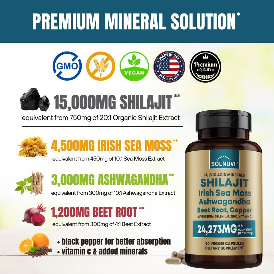 Shilajit Pure Himalayan Organic Capsules 15000Mg With Irish Sea Moss, Ashwagandha, Copper, Beet Root - Fulvic Acid Trace Minerals Supplement For Men & Women - 90 Count, Non-Gmo, Gluten-Free