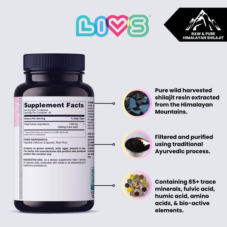 Livs Women'S Shilajit Fulvic Acid Complex - Pure Himalayan Shilajit Capsules | 1,000Mg Of Himalayan Extract Per Serving, 500Mg Of Fulvic Acid Per Serving, 90 Count