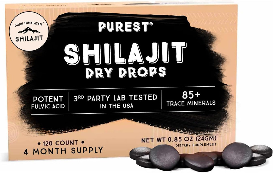 Pure Himalayan Shilajit Dry Drops, 100% Pure Natural Shilajit, Grade A, Max Potency 85+ Clean Trace Minerals & Fulvic Acid For Energy, Metabolism & Immune Support Supplement For Men & Women (120 Tabs)
