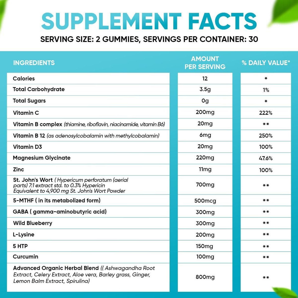 Sugar Free 22 In 1 Calm Mood Gummies St. John'S Wort, 5-Htp, Gaba, Ashwagandha| Magnesium Glycinate Gummies | Non-Gmo, Natural Support Stress & Relaxation, Mood & Energy | Vegan, 60 Ct