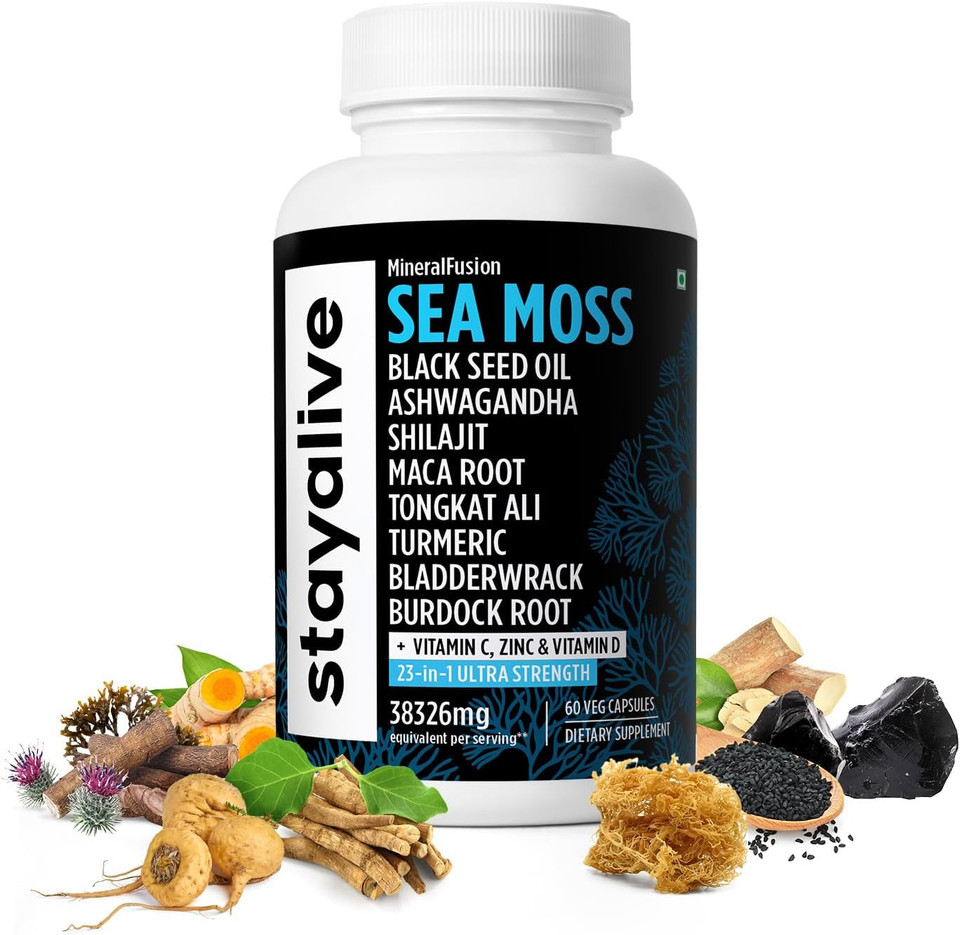 Stay Alive Irish Sea Moss 6000Mg, Black Seed Oil 1500Mg, Ashwagandha 3000Mg, Burdock Root 1000Mg, Bladderwrack Powder 1000Mg, All In One Supplement, 60 Sea Moss Pills, Shilajit Sea Moss Capsules