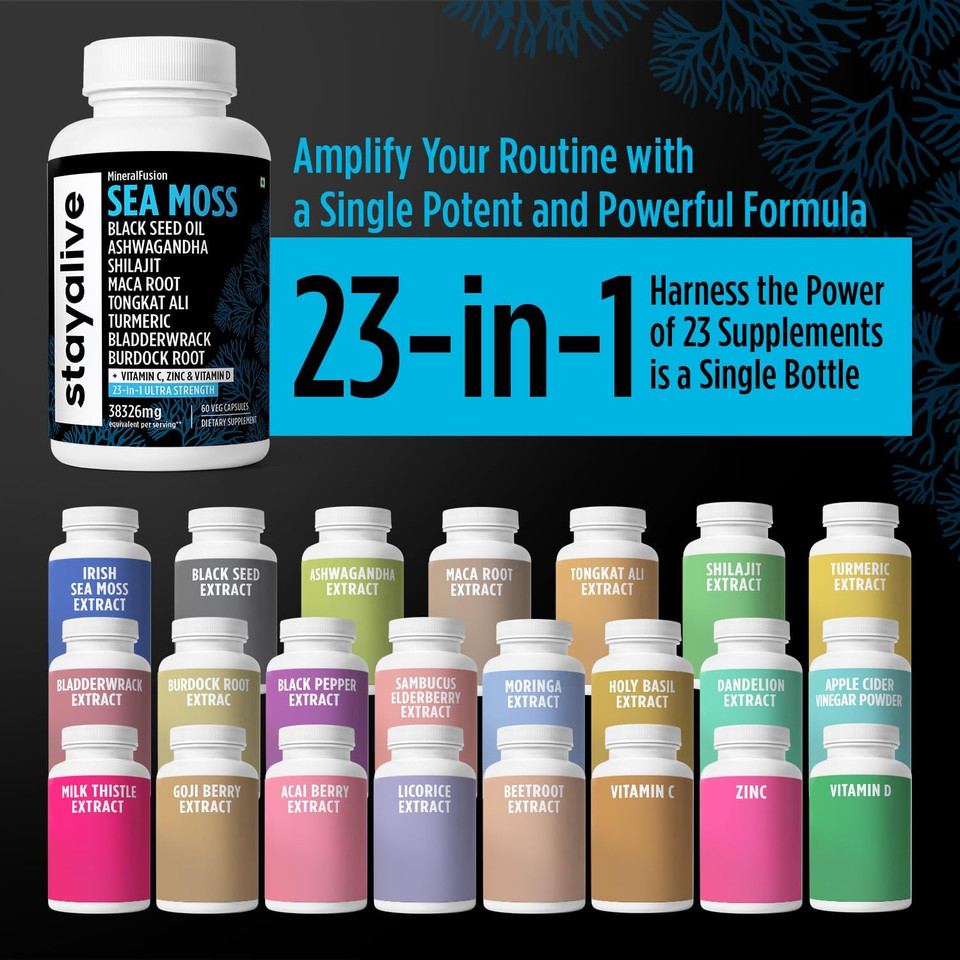 Stay Alive Irish Sea Moss 6000Mg, Black Seed Oil 1500Mg, Ashwagandha 3000Mg, Burdock Root 1000Mg, Bladderwrack Powder 1000Mg, All In One Supplement, 60 Sea Moss Pills, Shilajit Sea Moss Capsules