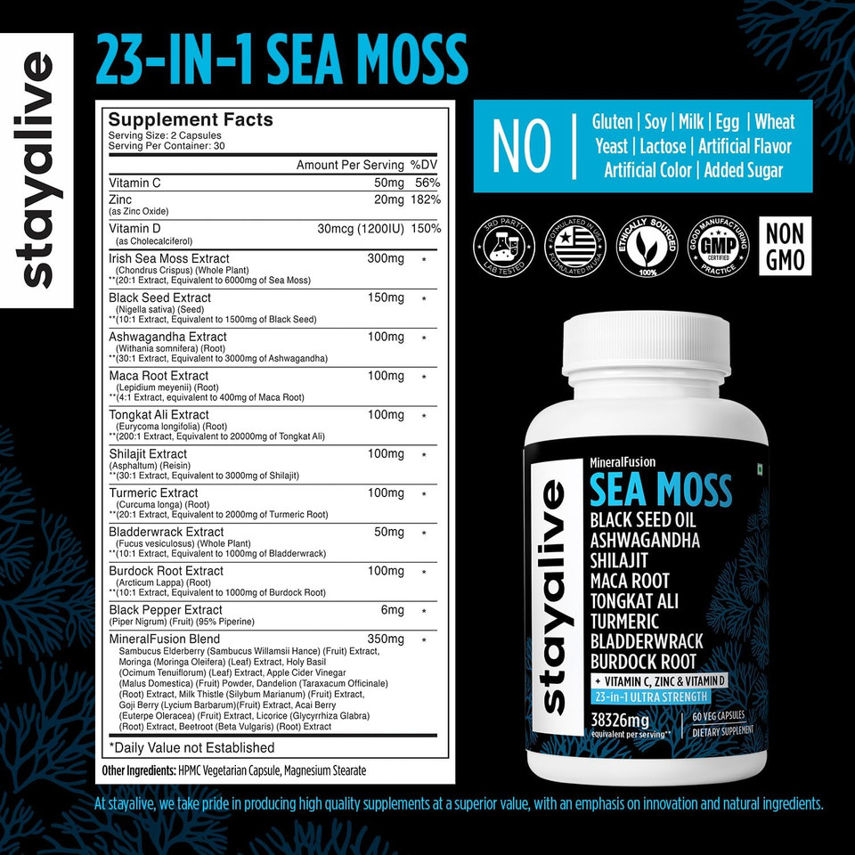 Stay Alive Irish Sea Moss 6000Mg, Black Seed Oil 1500Mg, Ashwagandha 3000Mg, Burdock Root 1000Mg, Bladderwrack Powder 1000Mg, All In One Supplement, 60 Sea Moss Pills, Shilajit Sea Moss Capsules