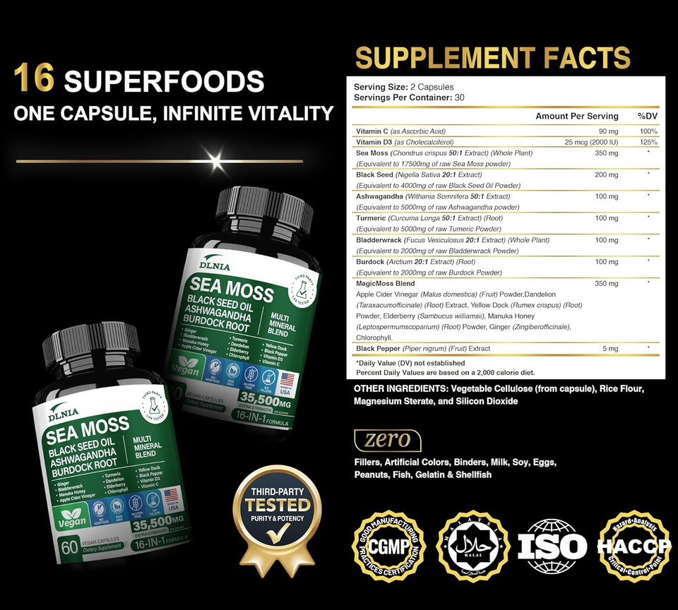 16-In-1 Organic Sea Moss 17500Mg Ashwagandha 5000Mg Black Seed Oil 4000Mg Turmeric 5000Mg Bladderwrack Burdock, Vitamin C & D3 With Elderberry Manuka Dandelion Yellow Dock For Full-Body Wellness