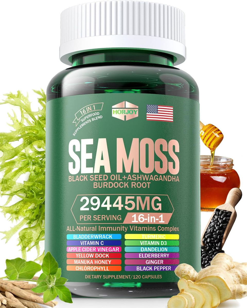 Sea Moss 12000Mg Black Seed Oil 6000Mg Ashwagandha 3000Mg Turmeric 1000Mg Bladderwrack 2000Mg Burdock 3000Mg & Vitamin C & D3 With Elderberry Manuka Yellow Dock Iodine Chlorophyll Acv.60 Days Supply