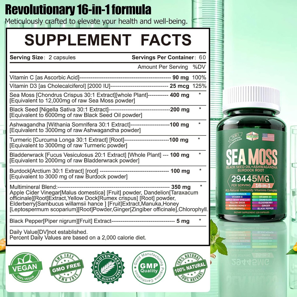 Sea Moss 12000Mg Black Seed Oil 6000Mg Ashwagandha 3000Mg Turmeric 1000Mg Bladderwrack 2000Mg Burdock 3000Mg & Vitamin C & D3 With Elderberry Manuka Yellow Dock Iodine Chlorophyll Acv.60 Days Supply