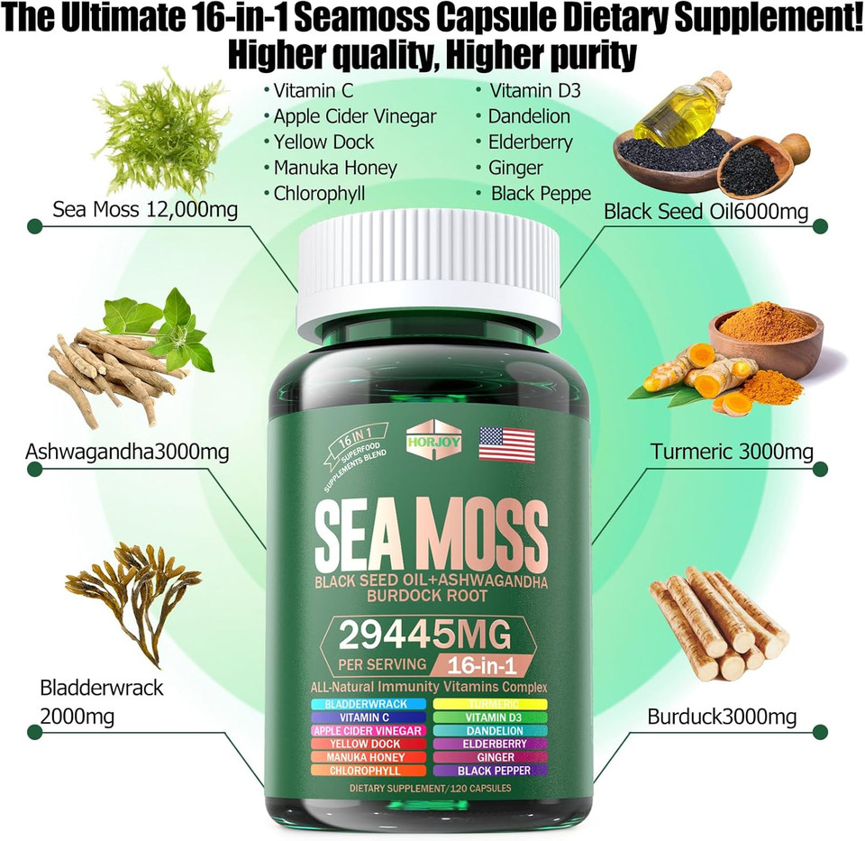 Sea Moss 12000Mg Black Seed Oil 6000Mg Ashwagandha 3000Mg Turmeric 1000Mg Bladderwrack 2000Mg Burdock 3000Mg & Vitamin C & D3 With Elderberry Manuka Yellow Dock Iodine Chlorophyll Acv.60 Days Supply