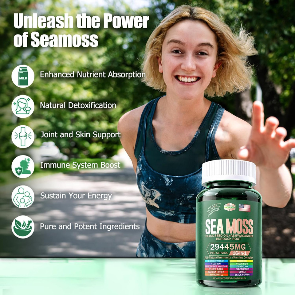 Sea Moss 12000Mg Black Seed Oil 6000Mg Ashwagandha 3000Mg Turmeric 1000Mg Bladderwrack 2000Mg Burdock 3000Mg & Vitamin C & D3 With Elderberry Manuka Yellow Dock Iodine Chlorophyll Acv.60 Days Supply