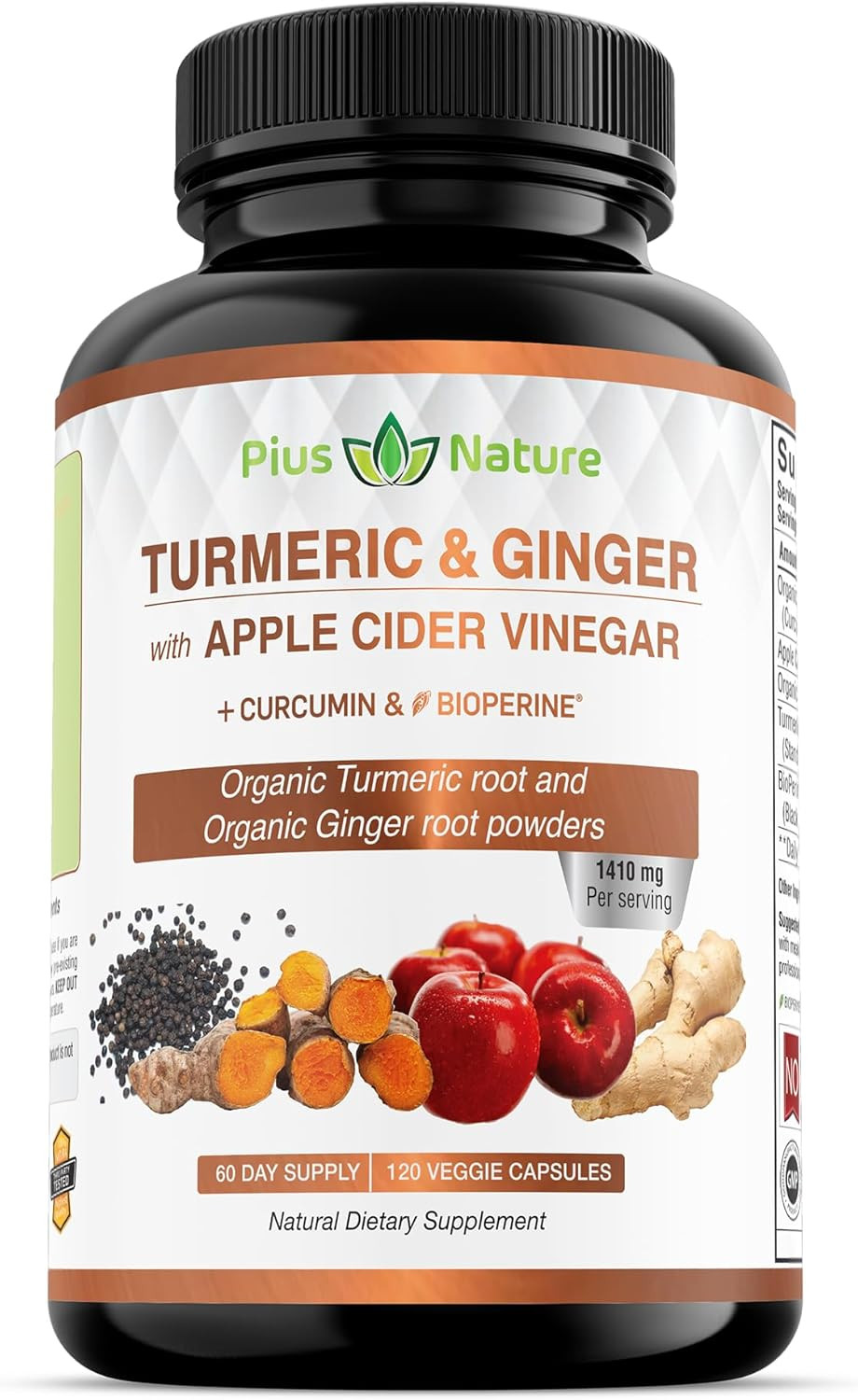 120 Capsules Of Usda Organic Turmeric Root Powder, Usda Organic Ginger Powder And Apple Cider Vinegar Powder With Curcumin (95% Curcuminoids) And Bioperine, 1410 Mg Per Serving In Veggie Capsules