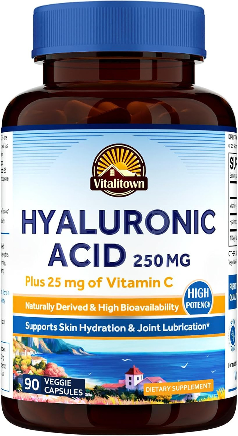 Vitalitown Hyaluronic Acid Supplements 250 Mg, Plus 25 Mg Vitamin C, Naturally Derived & High Bioavailability, Skin Hydration & Joint Lubrication, 90 Vegan Capsules, 3 Month Supply