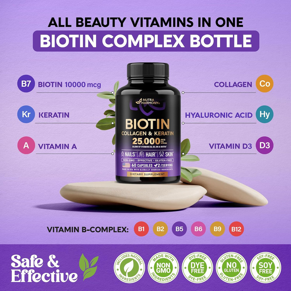 Biotin | Collagen | Keratin - Clinically Tested Supplement - Hair Growth Support - Skin & Nails Complex - 25000 Mcg Vitamins B2, B3, B6 & B7 | Hyaluronic Acid - Made In Usa - Women & Men | 60 Capsules