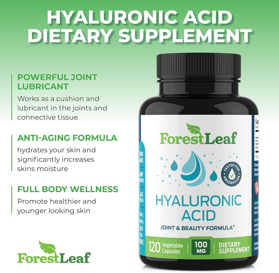 Forestleaf - Hyaluronic Acid Supplements - 120 Vegetable Capsules - 100Mg Dietary Hyaluronic Acid + 50Mg Vitamin C Joint & Anti Aging Beauty Formula - Supports Skin Hydration, Joints, Bones & Hair