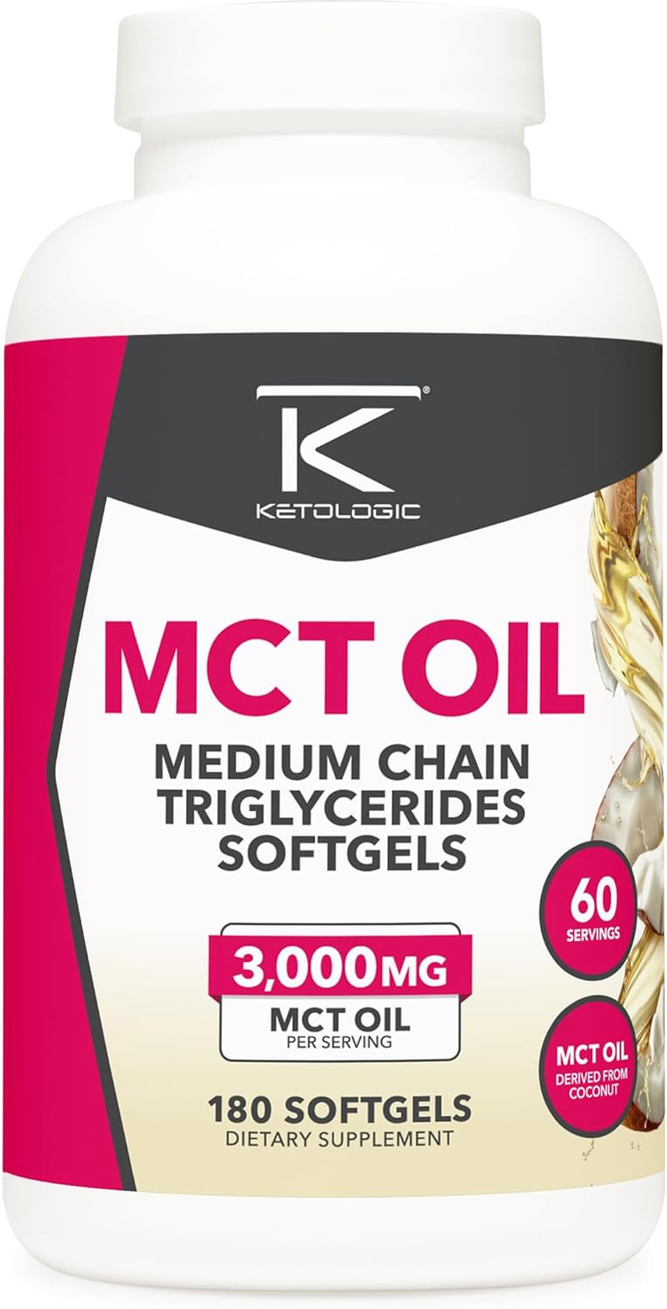 Ketologic Mct Oil (180 Softgels) (60 Servings) (3,000Mg Mtc Oil Per Serving) - Medium Chain Triglycerides