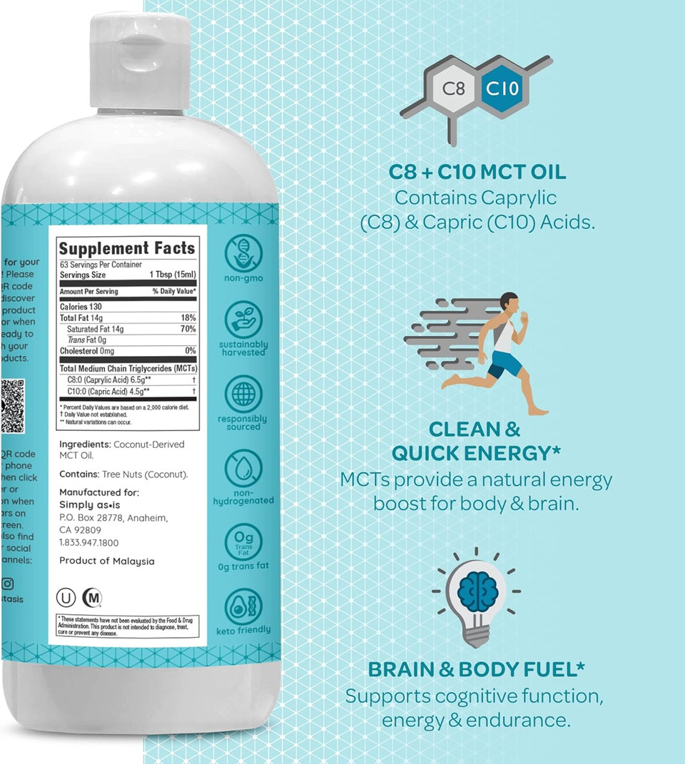 As-Is Simply Premium Mct Oil C8 & C10 | Unflavored | 100% From Non-Gmo Coconuts | Perfect For Morning Coffee | Quick Clean Energy | 32 Fl Oz (63 Servings)