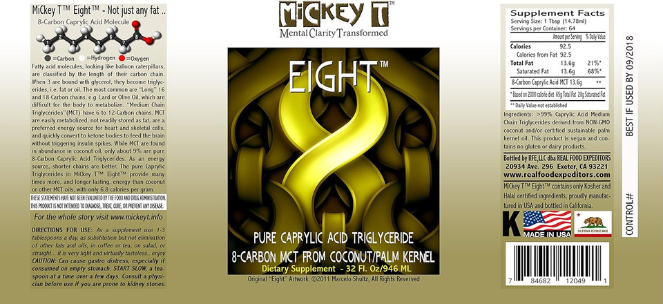 Mickey T Eight 32Oz - Pure C8 Mct Oil - Not A Blend  100% C-8 Caprylic Acid - Keto Friendly  Vegan  Kosher - Made In Usa  Non-Gmo - From Coconut/Palm Kernel