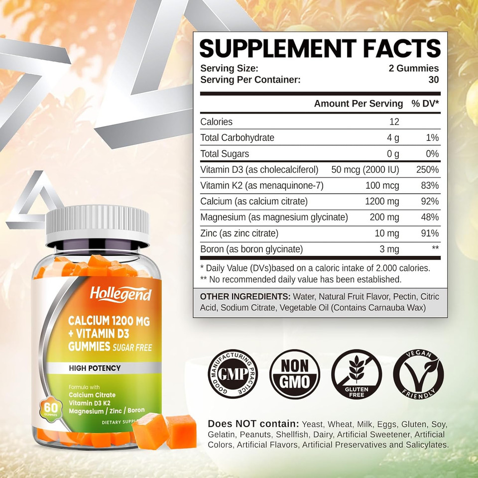 Calcium 1200 Mg With Vitamin D3 Gummies, Calcium Citrate Chewables With Magnesium Zinc Vitamin K2 Boron, Bone Health, Sugar Free, 60 Count