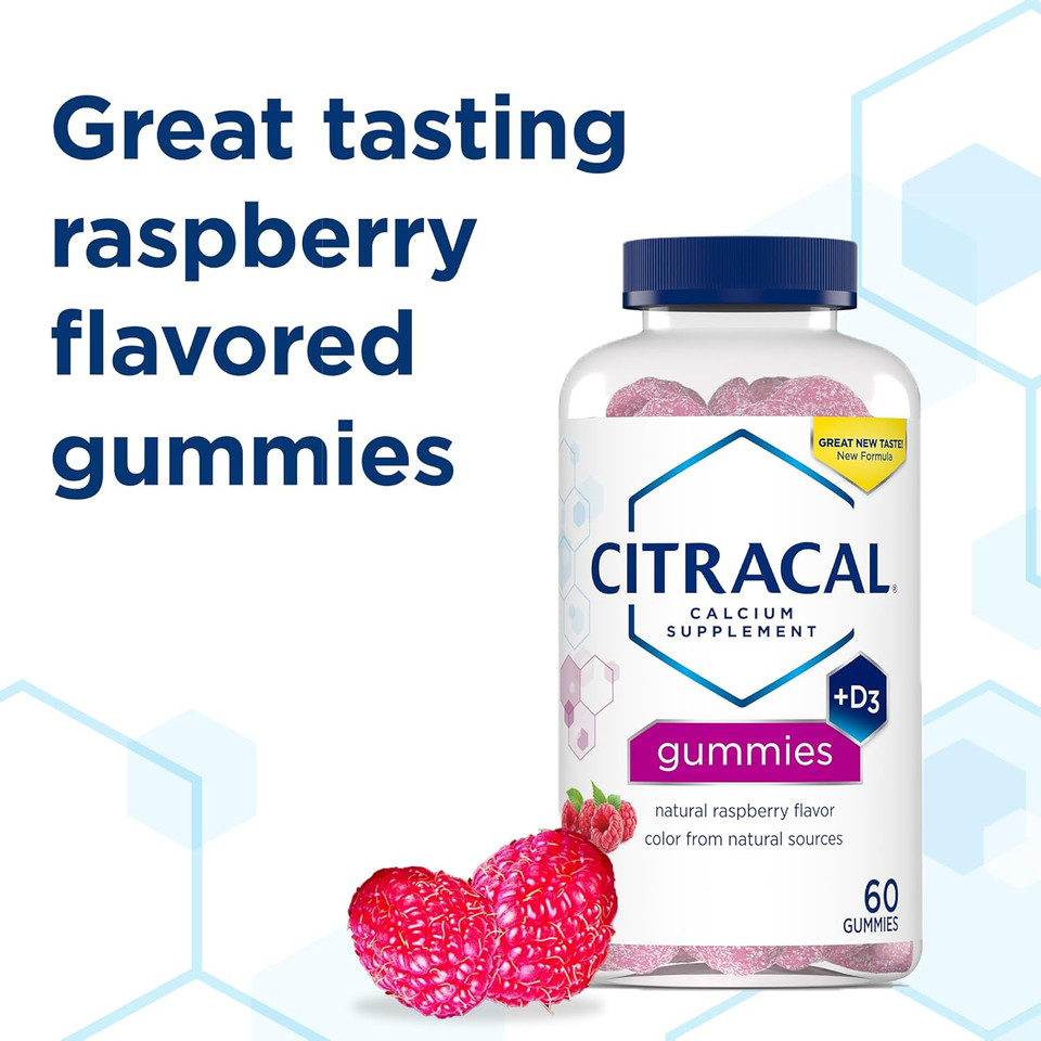 Citracal Calcium Supplement Gummies, Chewable Calcium With Vitamin D3, Supports Bone Health, Calcium Chews For Ages 12+, Natural Raspberry Flavor, 60 Count