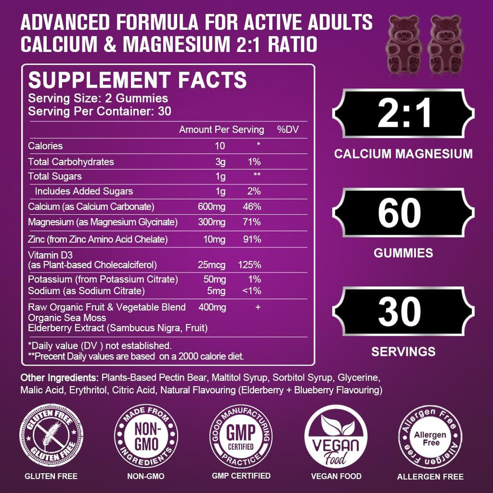 Calcium Magnesium Zinc Gummies With High Absorption Magnesium, Potassium, D3 - For Bone, Muscles, Immune & Sleep Support, Vegan