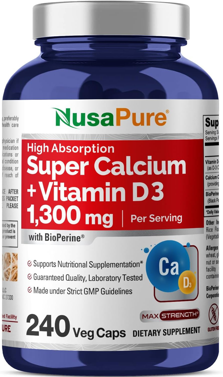 Nusapure Super Calcium 1300Mg, Vitamin D3-240 Veggie Caps (Non-Gmo, Gluten-Free, Bioperine)