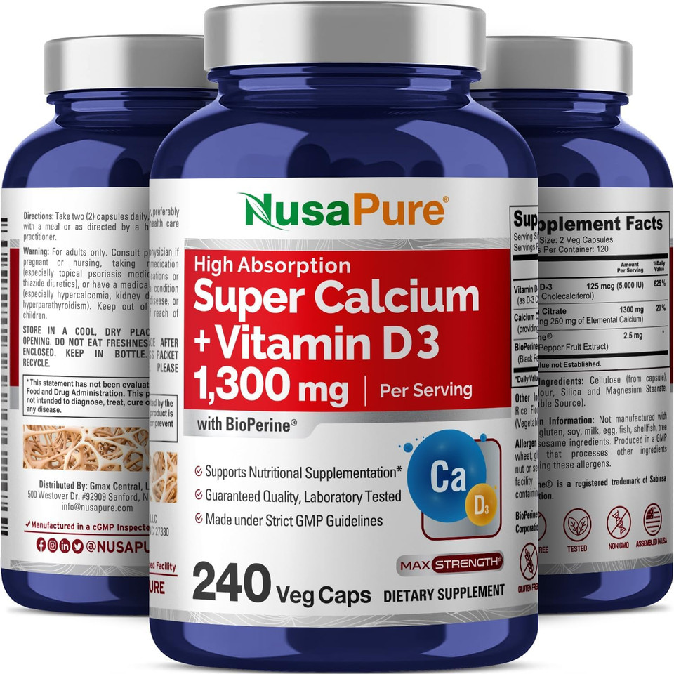 Nusapure Super Calcium 1300Mg, Vitamin D3-240 Veggie Caps (Non-Gmo, Gluten-Free, Bioperine)