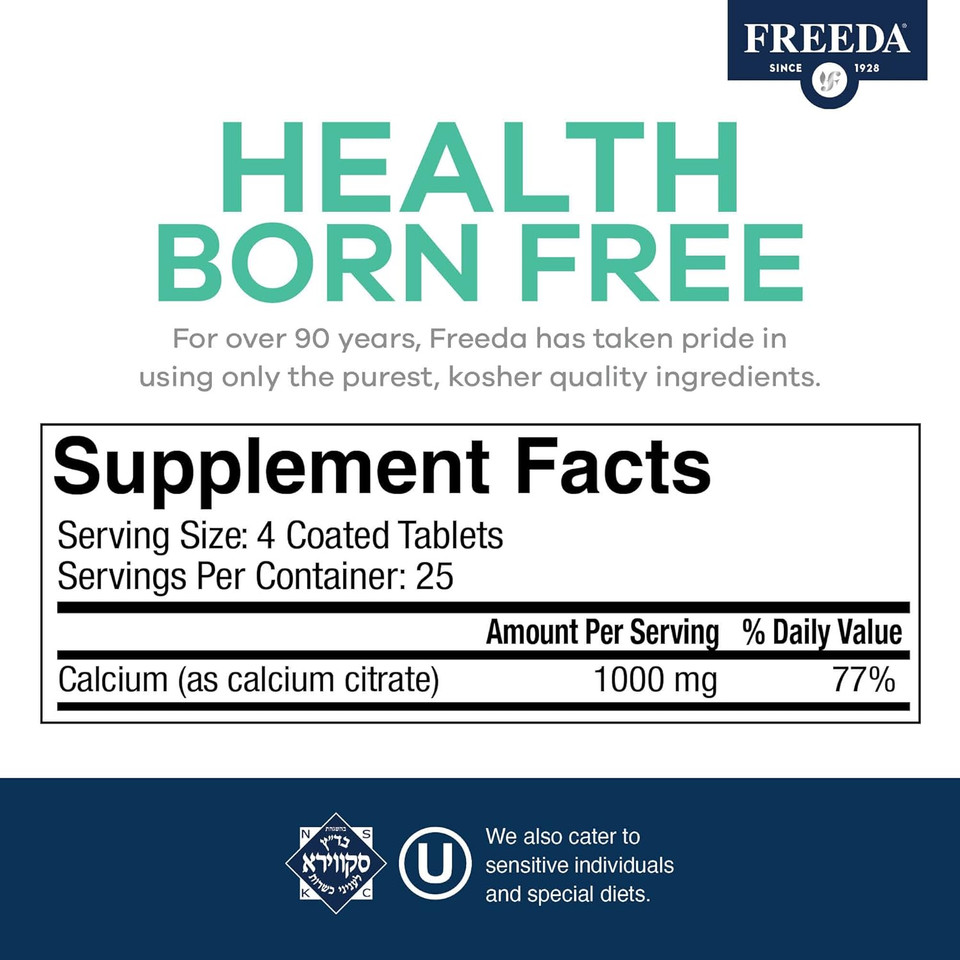 Freeda Calcium Citrate - Kosher Vegan Calcium Supplement For Women & Men - Bone Health & Joint Support - Calcium 1000Mg Per Serving - Calcium Citrate 1000Mg Tablets Calcium Without Vitamin D (250 Ct)