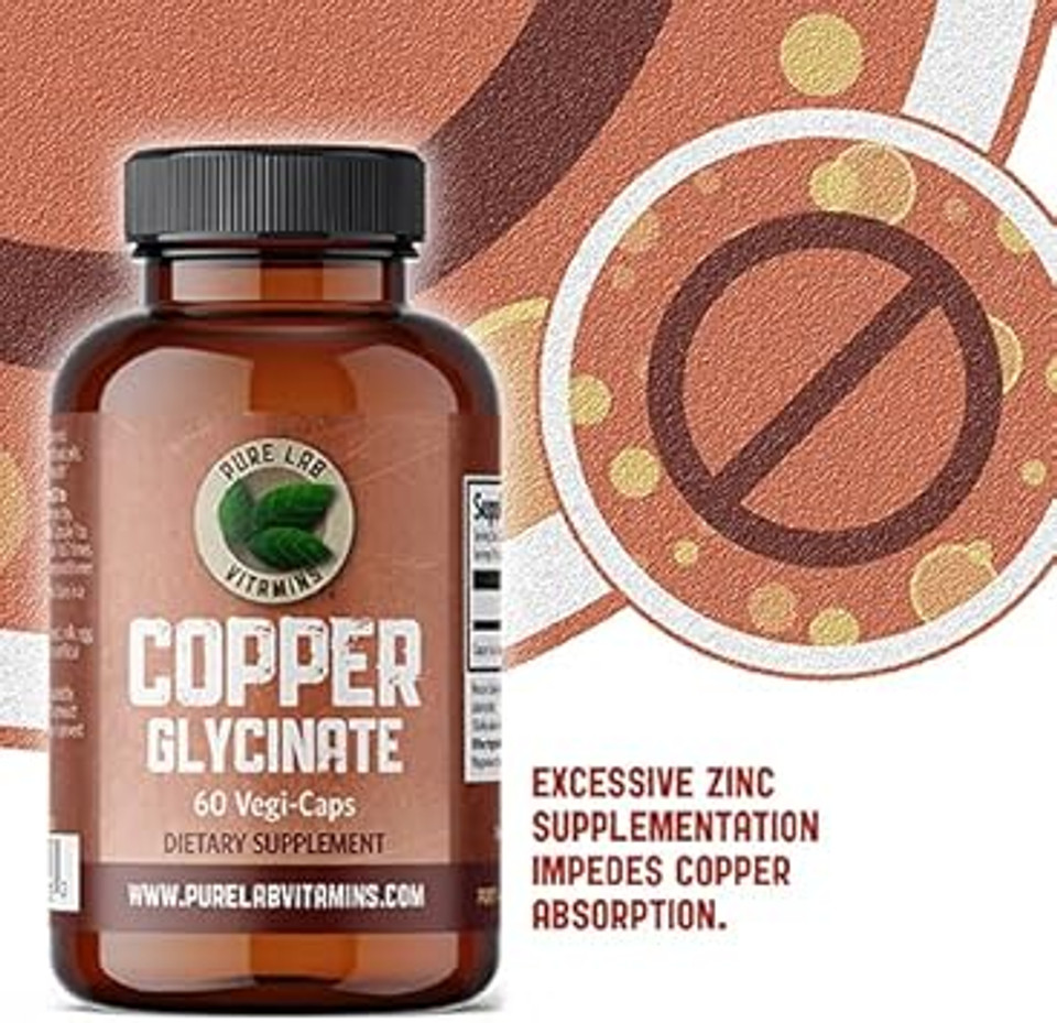 Pure Lab Vitamins Copper Glycinate Mineral Supplement -1 Mg - 60 Vegan Caps Essential For Collagen Production, Supports Immune System & Red Blood Cell Formation - Gluten Free Made In Canada