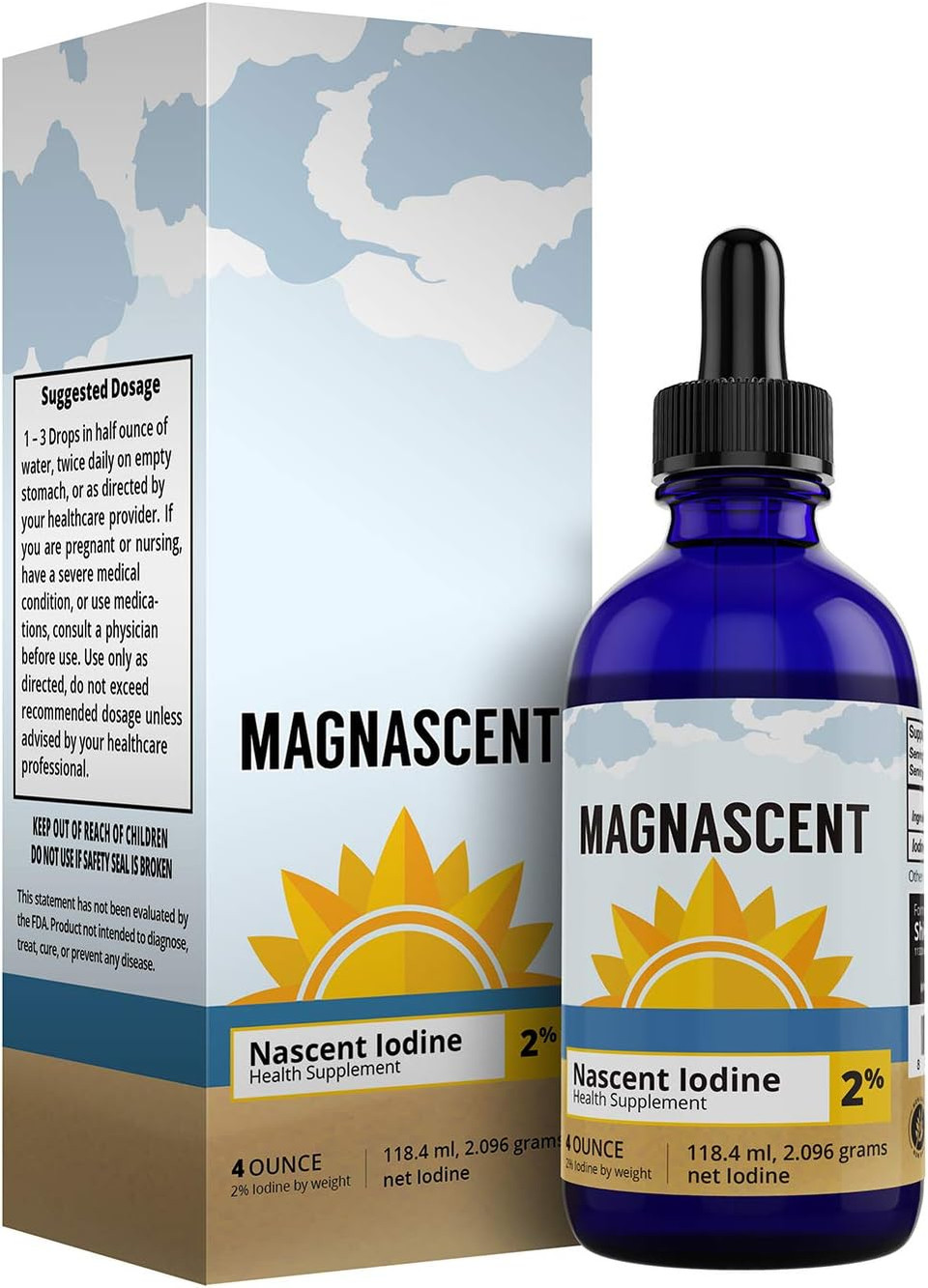 Nascent Iodine Organic Daily Health Supplement High Potency 2% Concentrated Liquid Iodine Drops Supports Energy & Metabolism (4Oz/118.4Ml)