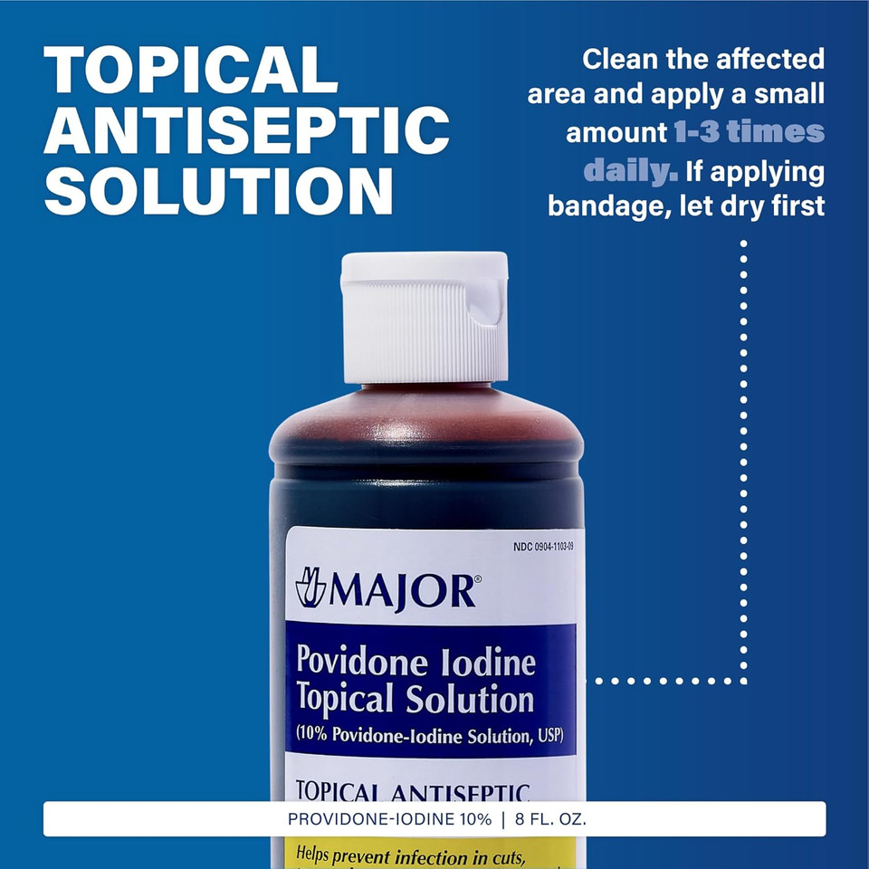 Major 10% Povidone-Iodine Liquid Topical Solution, Usp - Topical Antiseptic For Cuts, Scrapes, Burns, And Minor Skin Wounds - 8 Fl. Oz. - 1 Pack