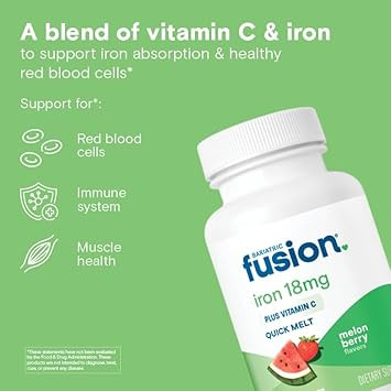 Bariatric Fusion Iron Supplement For Women Quick Melt | Sugar Free Dissolvable Chewable Iron Tablets | Ferrous Fumarate 18 Mg Iron With Vitamin C | Melon Berry | Gluten, Dairy And Soy Free | 90 Count