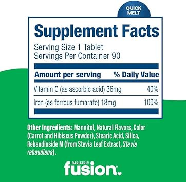 Bariatric Fusion Iron Supplement For Women Quick Melt | Sugar Free Dissolvable Chewable Iron Tablets | Ferrous Fumarate 18 Mg Iron With Vitamin C | Melon Berry | Gluten, Dairy And Soy Free | 90 Count