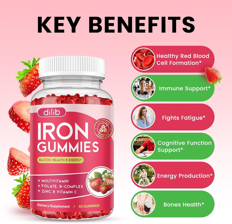 Iron Gummies With Multivitamin, Iron Supplement For Women & Men With Zinc, Vitamin B Complex & C, B12, Folate - Blood Builder & Energy Support For Adults & Kids - Strawberry Flavor, Vegan 60 Gummies