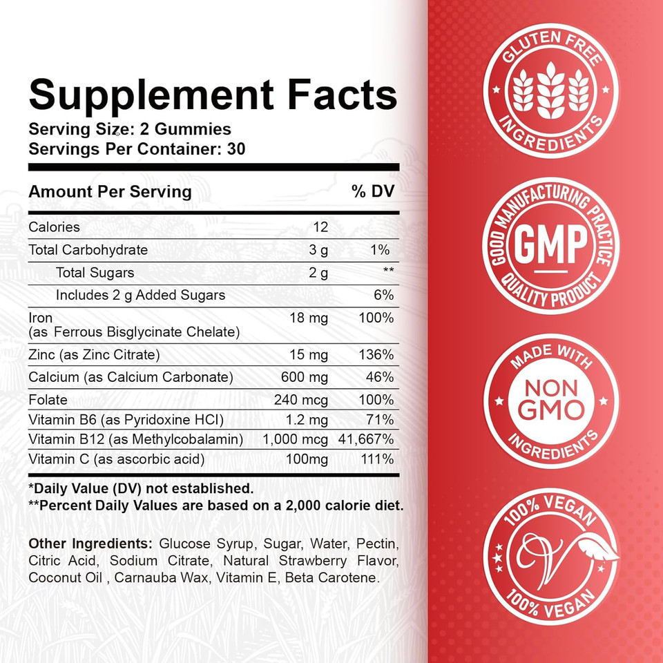 Iron Gummies - With Calcium, Zinc, Folate & Vitamin B12, C,B6 For Adults & Kids - Blood Builder & Energy Support For Iron Deficiency, Anemia, Vegan - 60 Gummies