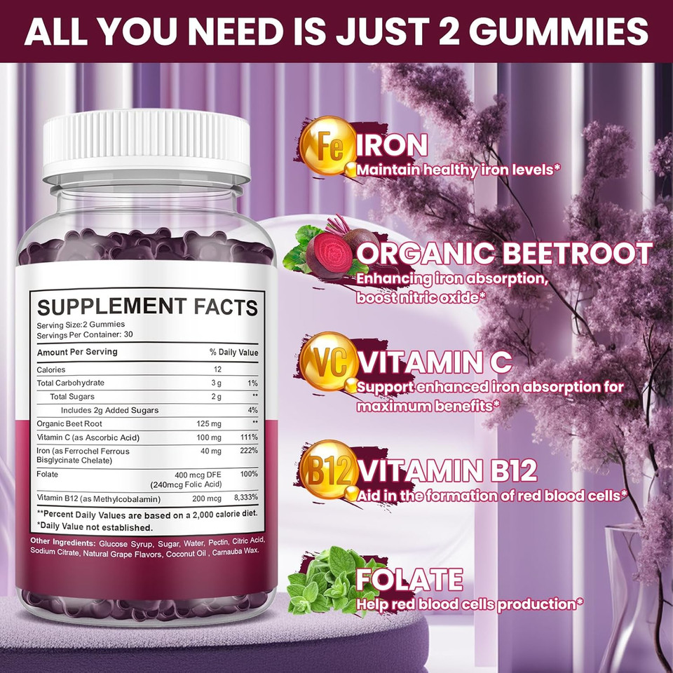 Iron Gummies Supplement For Women & Men, Iron Supplements For Anemia With Vitamin C, B12, Folate-Blood Builder & Energy Support For Iron Deficiency-Grape Flavor, Vegan, 60 Gummies