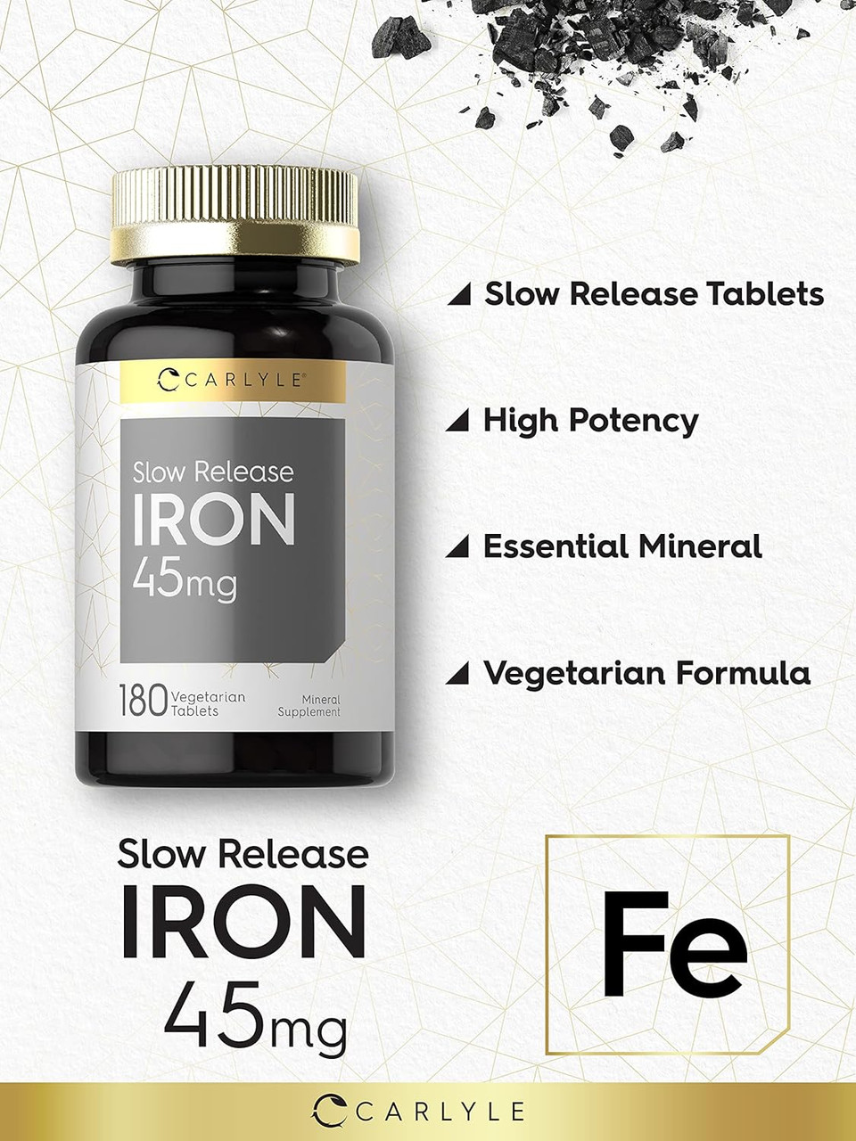 Carlyle Slow Release Iron 45 Mg | 180 Tablets | Vegetarian, Non-Gmo, And Gluten Free Formula | Ferrous Sulfate Mineral Supplement