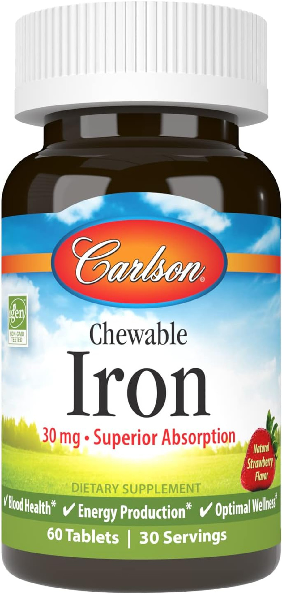 Carlson - Chewable Iron, 30 Mg, Superior Absorption, Blood Health, Energy Production & Optimal Wellness, Natural Strawberry Flavor, 60 Tablets