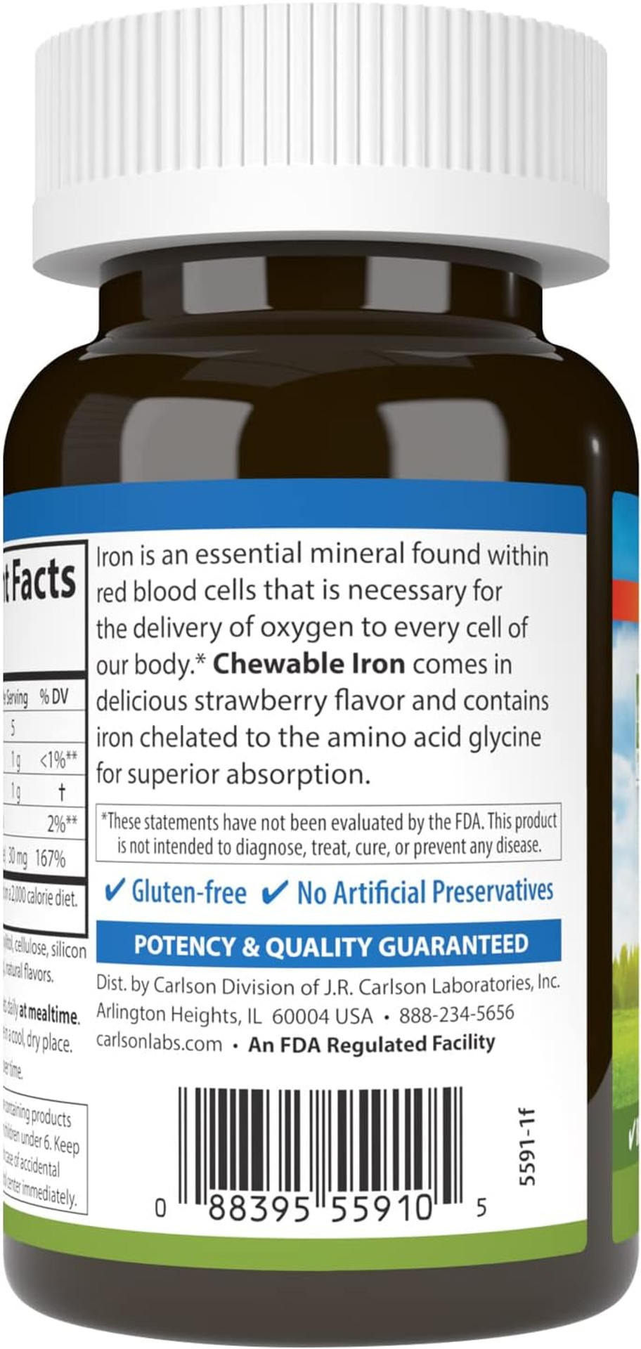 Carlson - Chewable Iron, 30 Mg, Superior Absorption, Blood Health, Energy Production & Optimal Wellness, Natural Strawberry Flavor, 60 Tablets