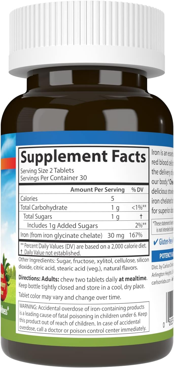 Carlson - Chewable Iron, 30 Mg, Superior Absorption, Blood Health, Energy Production & Optimal Wellness, Natural Strawberry Flavor, 60 Tablets