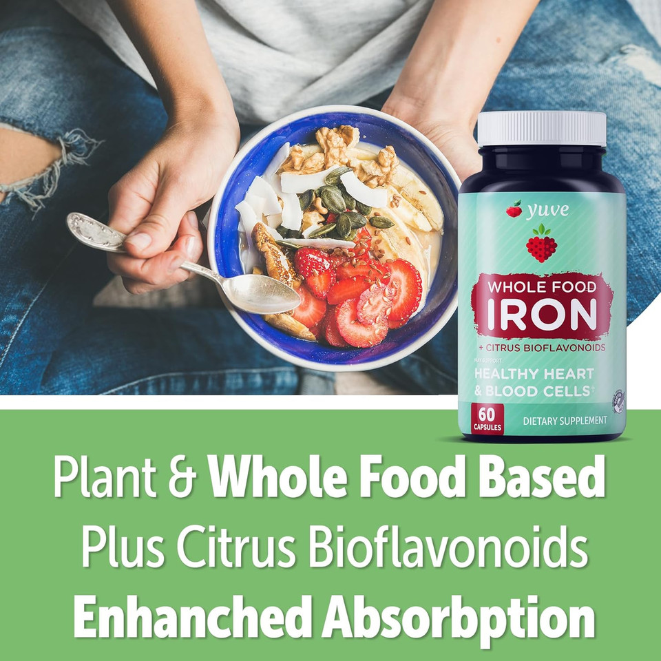 Yuve Whole Food Chelated Iron 18 Mg Supplement - Formulated For Maximum Absorbption - Supports Healthy Heart & Blood Cells - Boosts Energy & Cognitive Functions - Vegan, Non-Gmo, Gluten-Free - 60 Caps