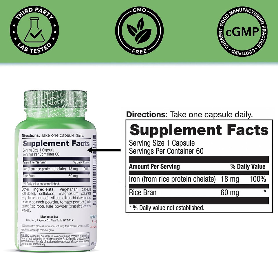 Yuve Whole Food Chelated Iron 18 Mg Supplement - Formulated For Maximum Absorbption - Supports Healthy Heart & Blood Cells - Boosts Energy & Cognitive Functions - Vegan, Non-Gmo, Gluten-Free - 60 Caps