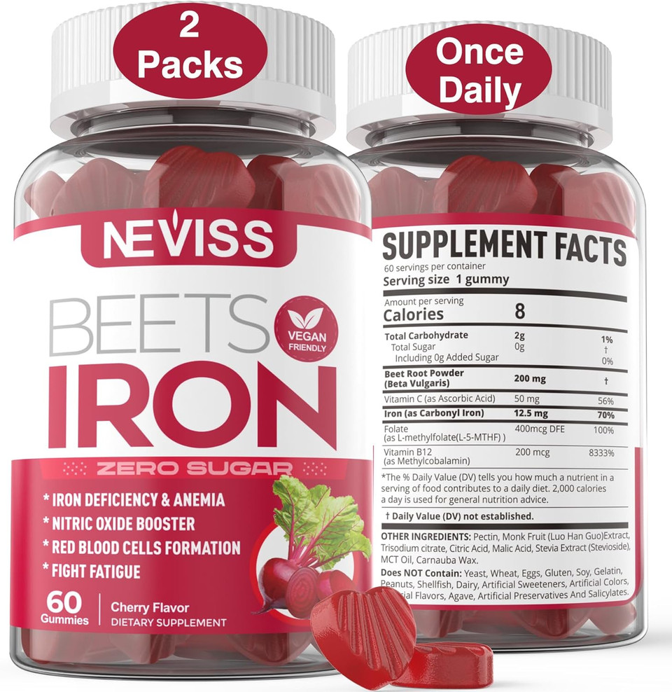 Sugar Free Iron Gummies, W/Beet Root, Vitamin C, B12, Folate For Iron Deficiency, Anemia, Energy Support, Gentle Iron Supplement For Women Men, Non-Constipating, No Rust Aftertaste, Vegan, 2 Pack