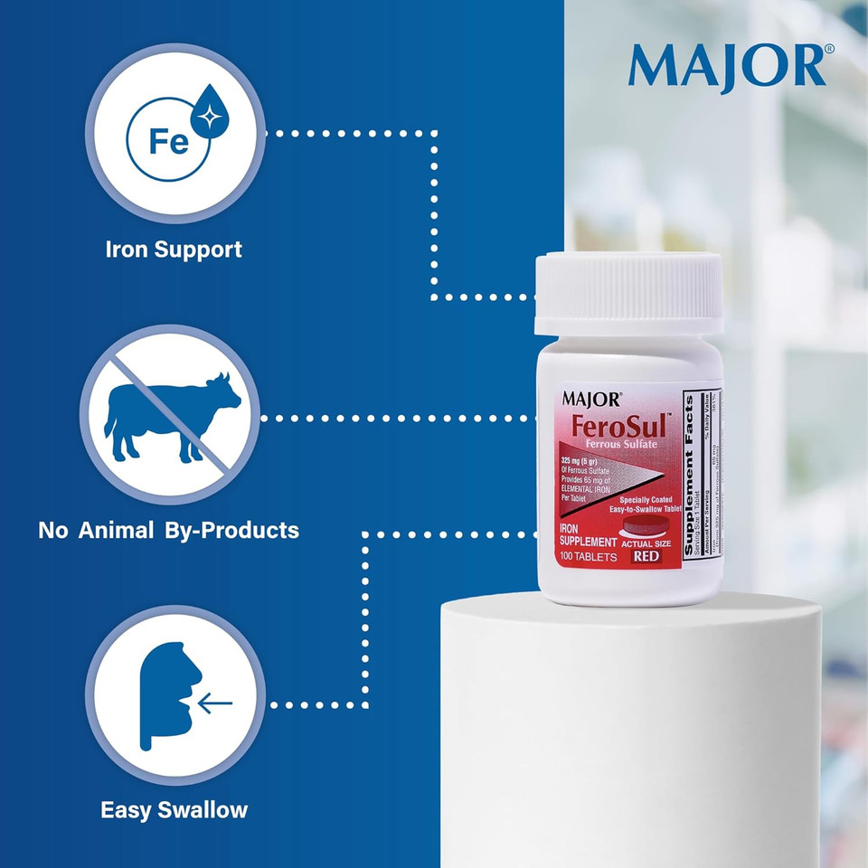 Major Ferosul Ferrous Sulfate 325Mg, 100 Iron Supplement Tablets Each (Value Pack Of 3)