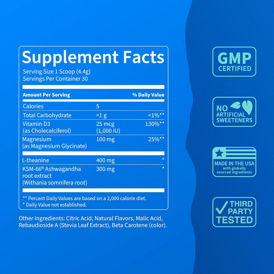Nello Supercalm Powdered Drink Mix, Tropical Tangerine, L Theanine, Ksm-66 Ashwagandha, Magnesium Glycinate, Vitamin D 3, Supplements For Relaxation & Focus, Natural, No Sugar, Non Gmo, Vegan, 30 Srvg